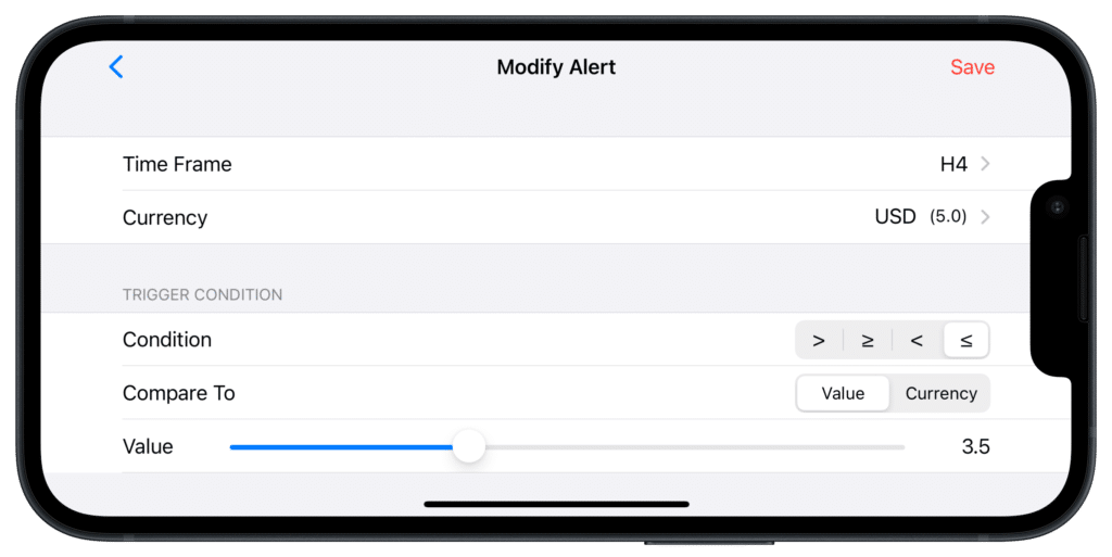 Currency Strength Meter app screenshot displaying the alert editor screen, allowing users to monitor live USD currency strength and set custom alerts for Forex trading.